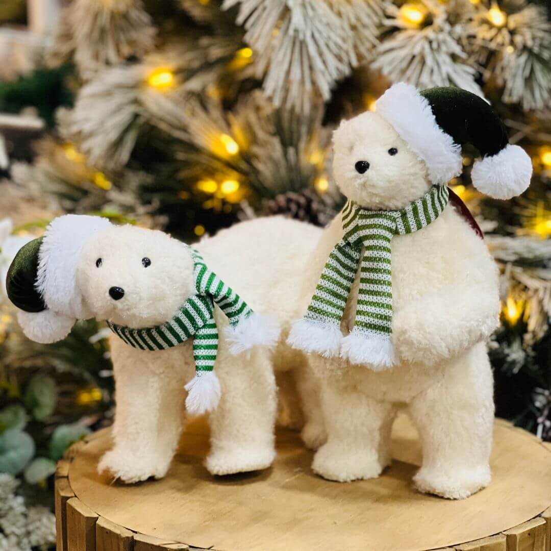 Urso Polar Natalino Bege e Verde 20x30cm
