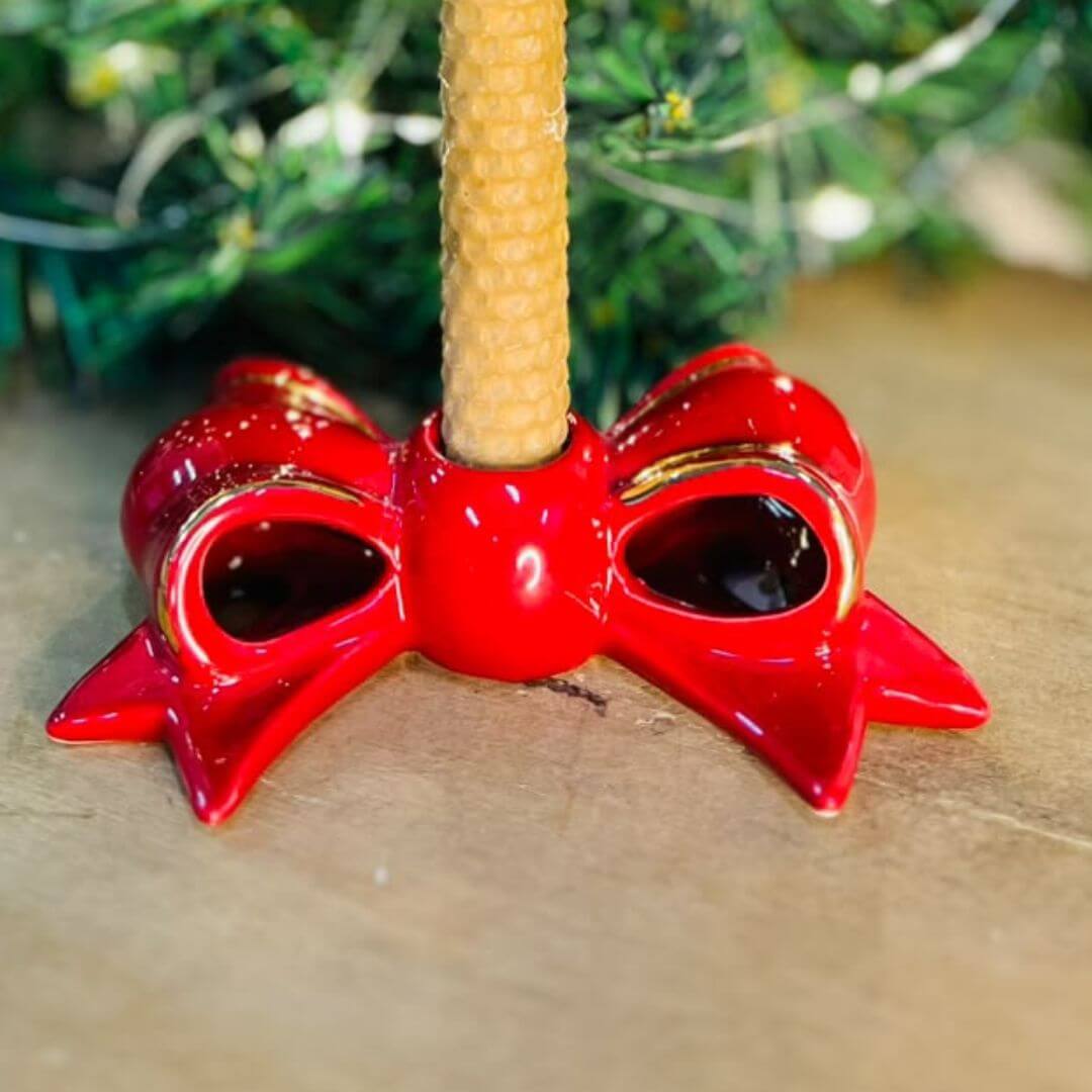 Porta Vela Vermelho Laço Natal Decorativo 3,6x14x9cm