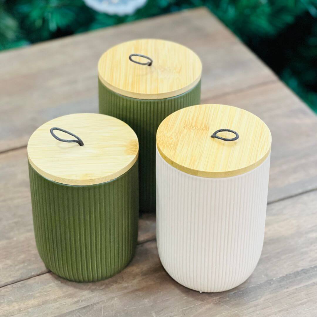 Potiche de Cerâmica Decorativo Com Tampa Em Bambu e Pegador de Corda Lines Verde - 10x10x15cm