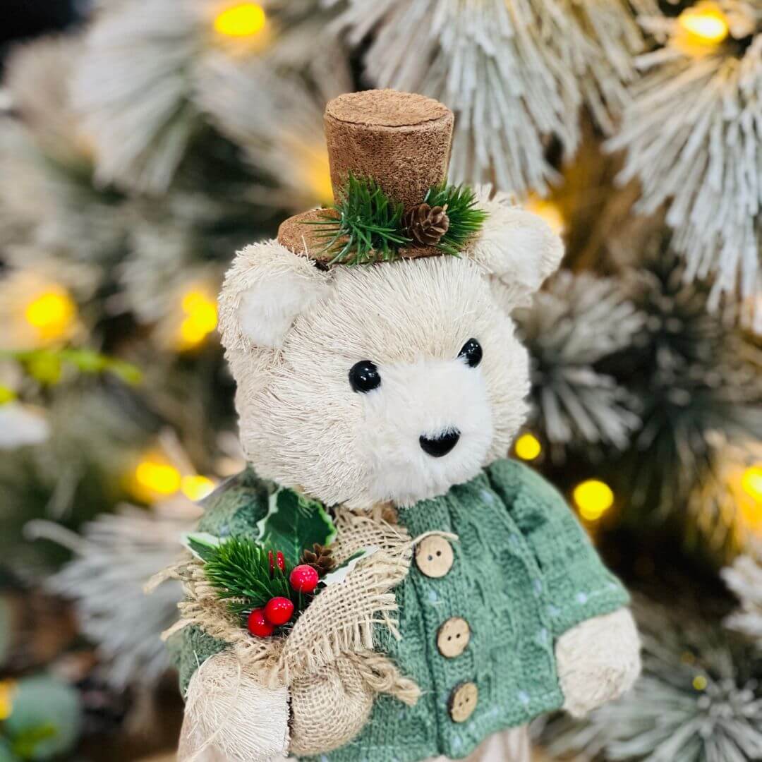 Urso de Natal Em Pe de Sisal Verde e Bege 38x16cm
