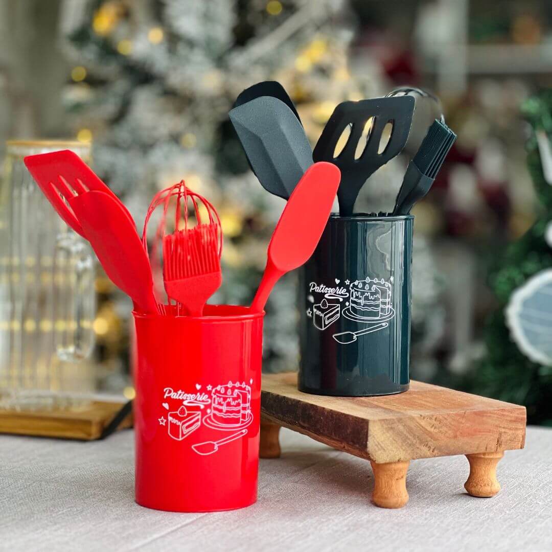 Conjunto de 6 Utensílios para Confeitaria de Silicone Com Suporte Vermelho