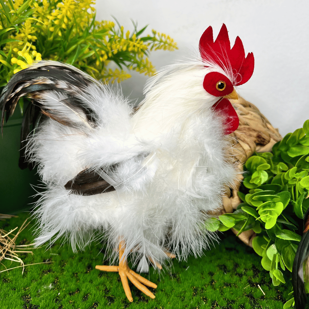 Galo Em Pe Decorativo Branco e Preto 22cm