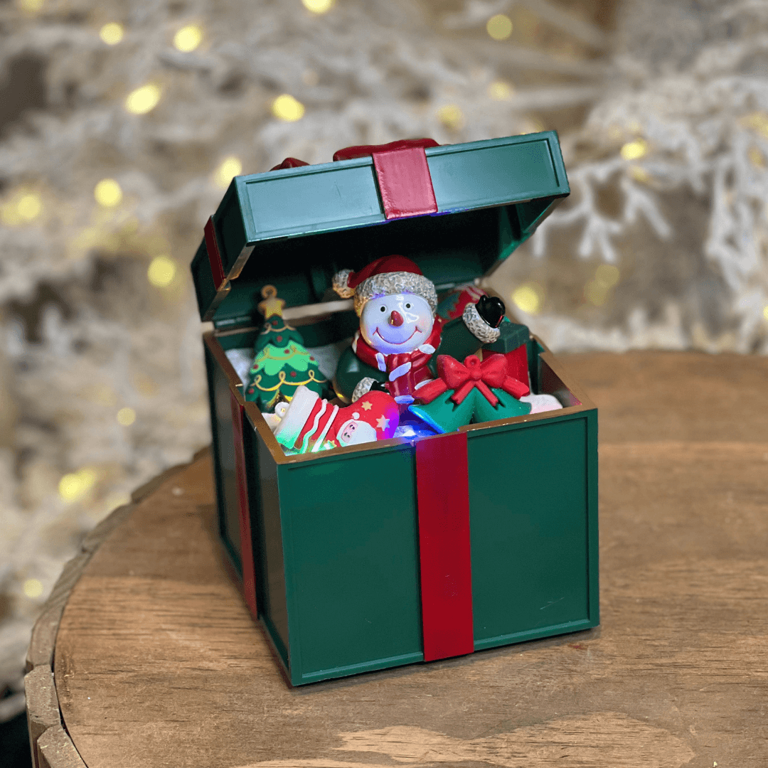 Caixa Presente com Movimento, LED e Neve – 20cm