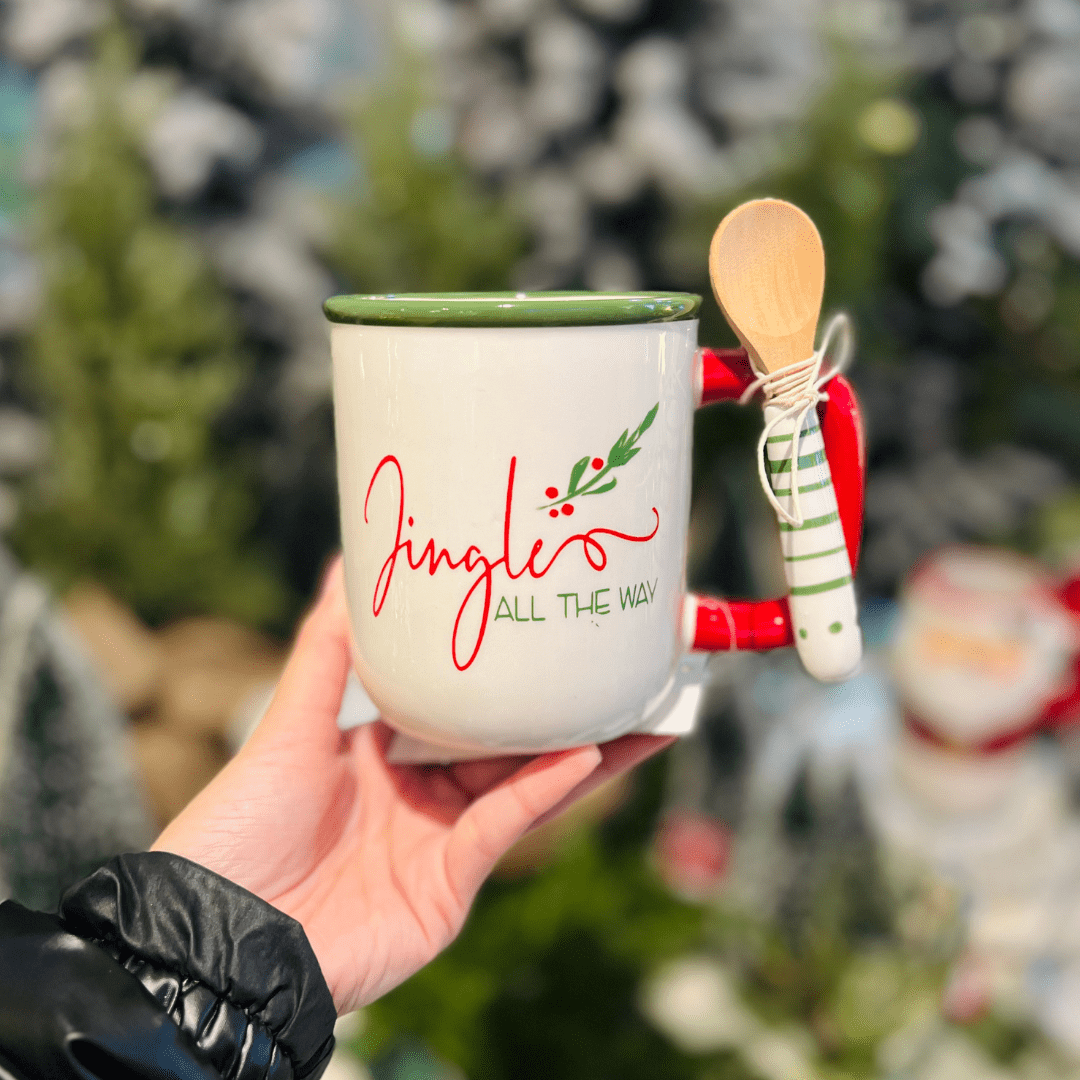 Caneca Natalina de Cerâmica Com Colher Jingle All The Way 500ml 15cm