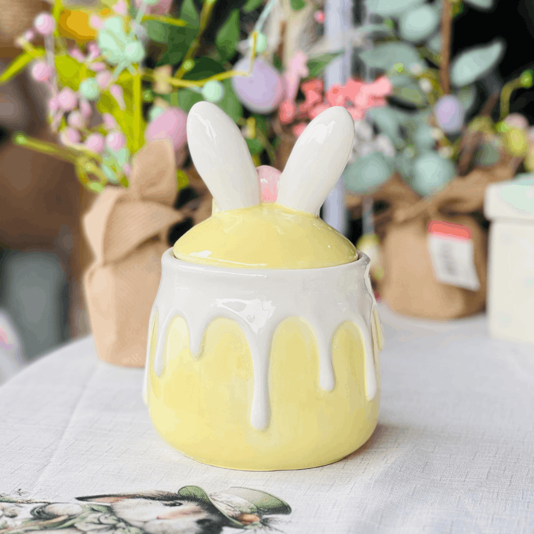 Pote Com Tampa Orelhas de Coelho Amarelo de Cerâmica 20cm