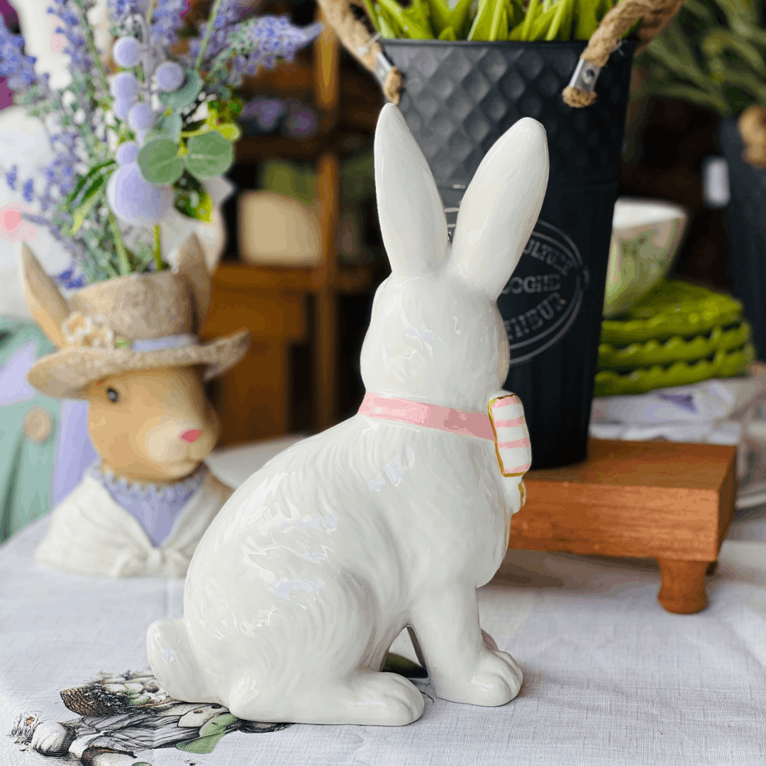 Coelho Com Lacinho Branco e Rosa de Cerâmica 19x13x29cm