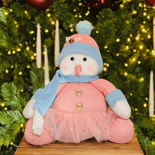 Boneco de Neve Natalino Sentado Rosa e Azul 36cm