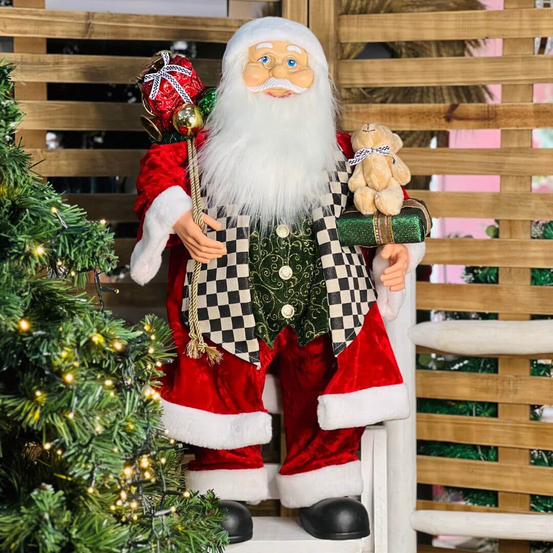Papai Noel Casaco Checker Veludo Vermelho – 80cm