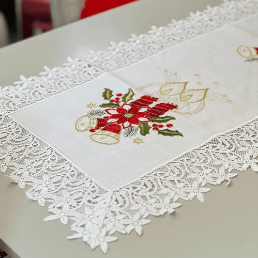 Caminho de Mesa Natalino Com Bordado e Guipir 45x90cm
