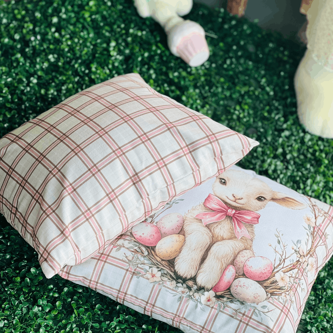 Capa de Almofada de Páscoa Xadrez Rosa 43cm