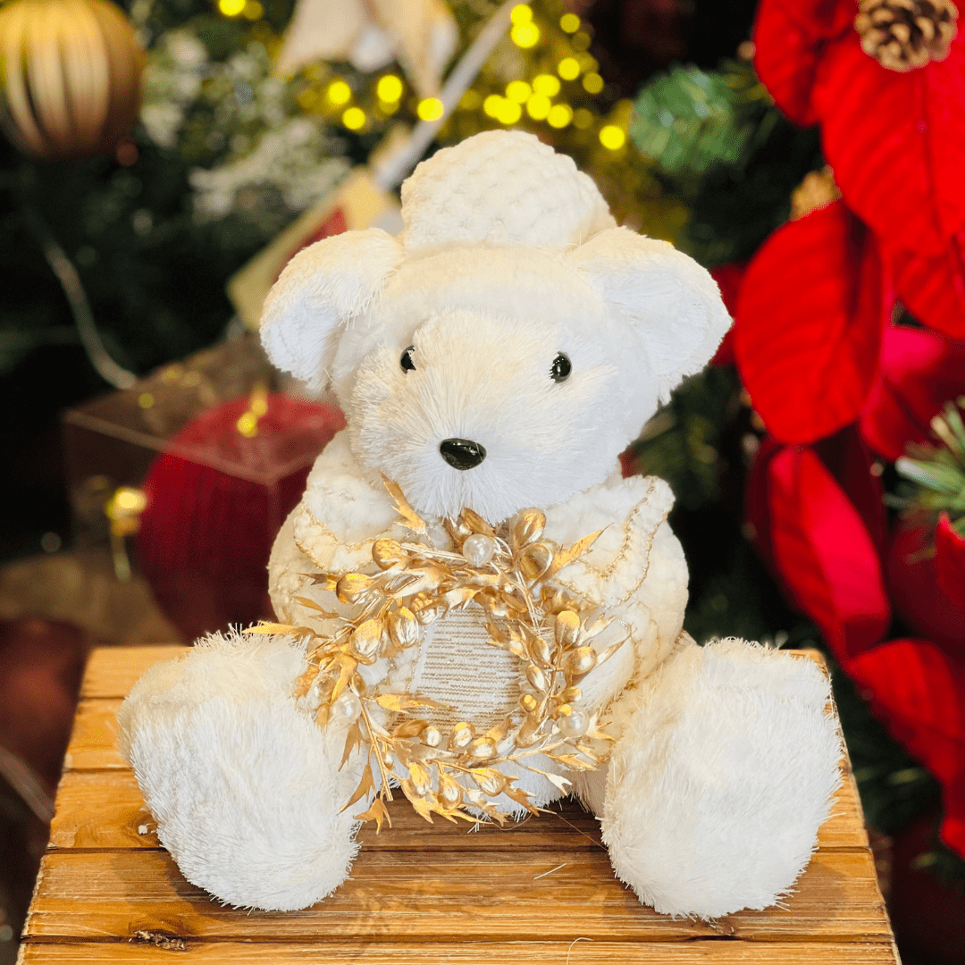 Urso Natalino Com Guirlanda Branco e Dourado de Sisal 25x27cm