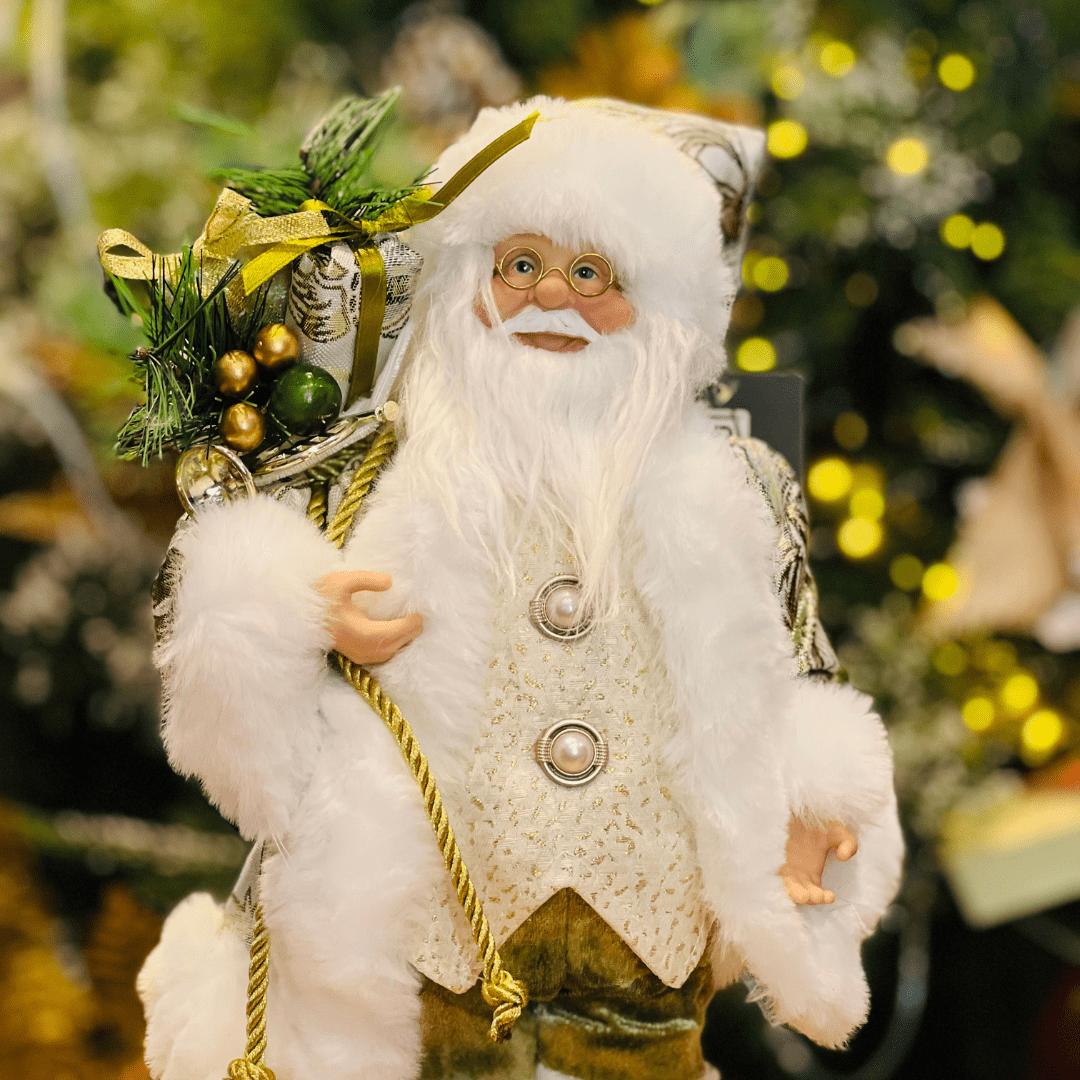 Papai Noel Em Pé Com Presentes Verde e Dourado 30cm