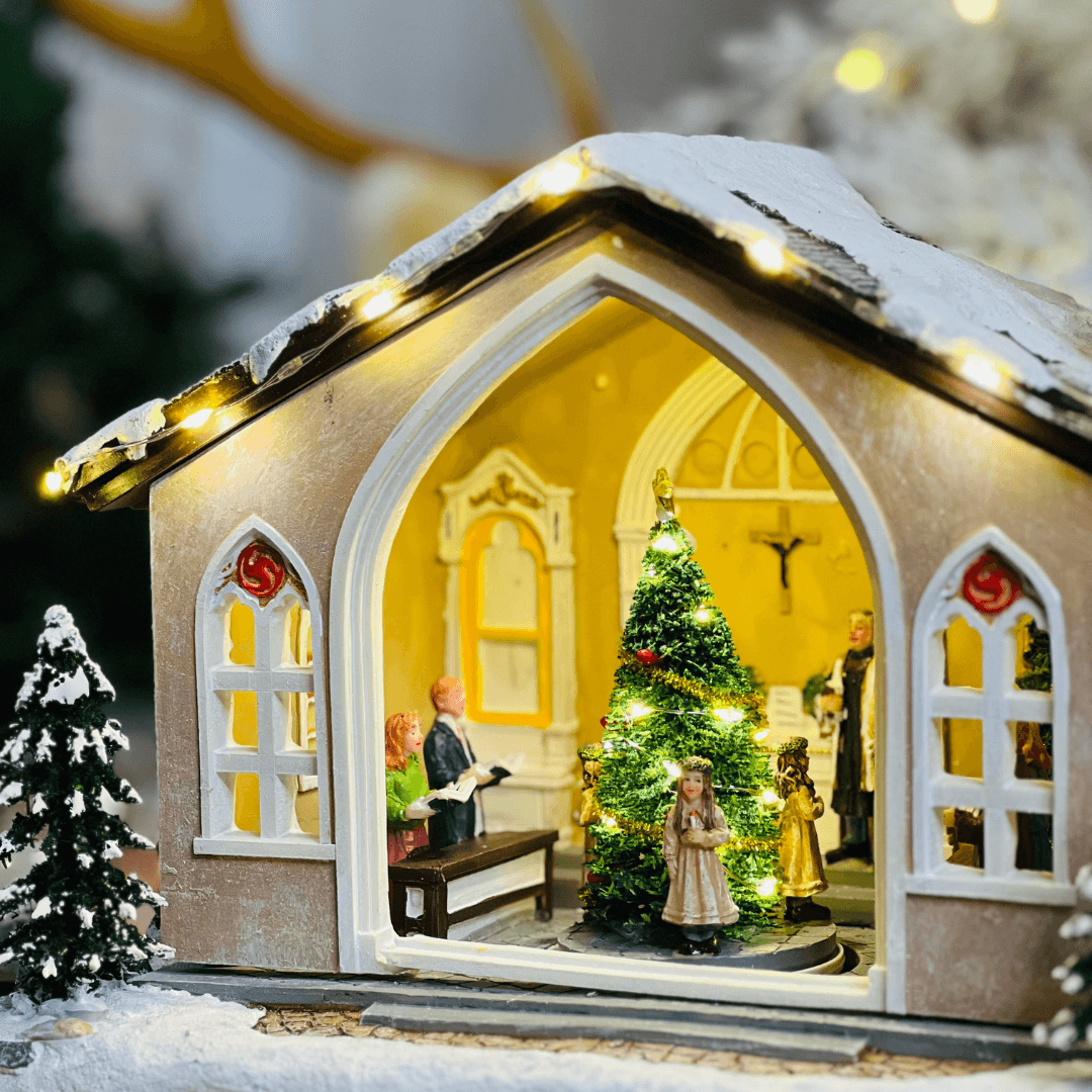Cenário Natalino Igreja com Movimento e Som de Sino – 34cm