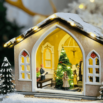 Cenário Natalino Igreja com Movimento e Som de Sino – 34cm
