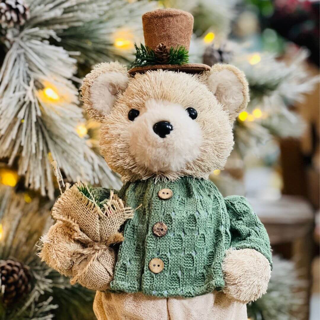 Urso de Natal Em Pe de Sisal Verde e Bege 47X23cm