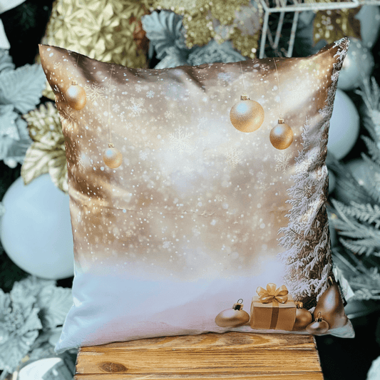 Capa de Almofada Natalina Cenário Dourado e Branco 43cm