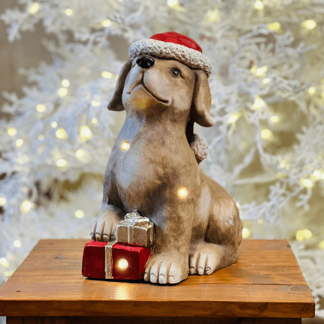Cachorro Sentado com Presente e LED – 31cm