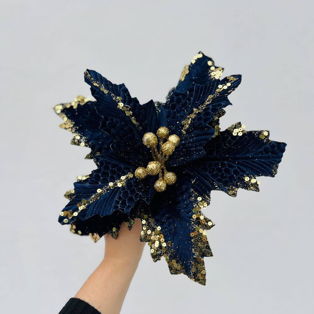 Flor Poinsetia Azul e Dourada – 32cm