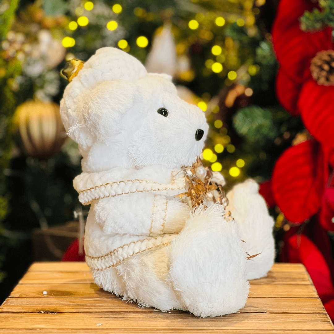 Urso Natalino Com Guirlanda Branco e Dourado de Sisal 25x27cm