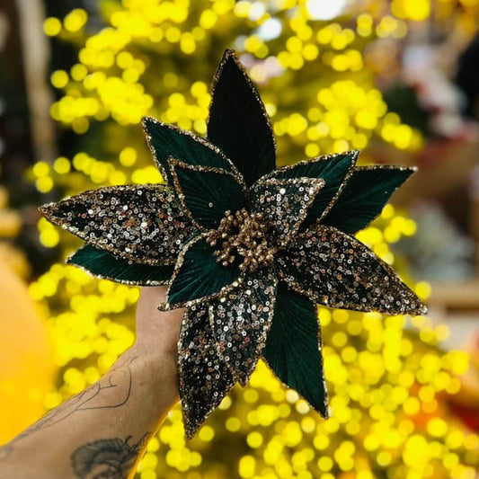 Poinsetia Veludo Verde Com Glitter x 13 - Alt 45 x Diam 29 Cm