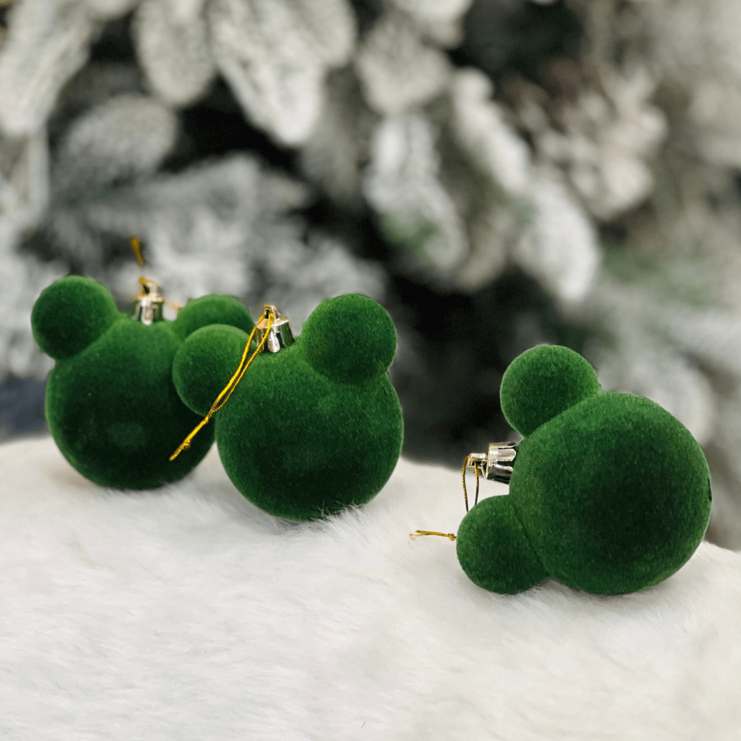 Jogo 6 Bolas Natalinas Mickey Verde Veludo 6cm