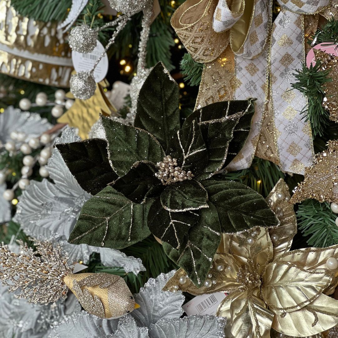 Poinsetia Verde Aveludado Com Borda Champanhe – 64cm