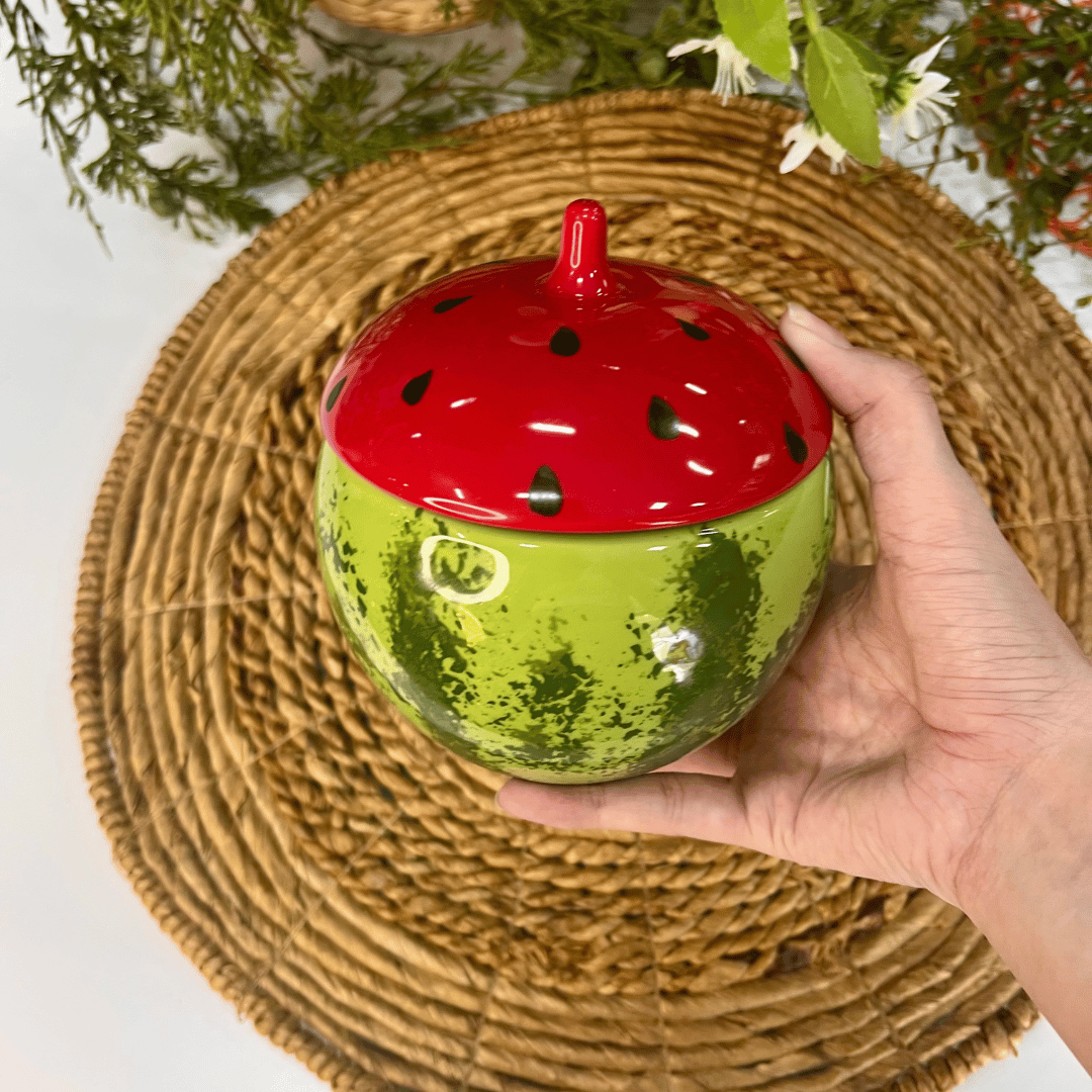 Pote Melancia Com Tampa Tutti-frutti de Cerâmica 730ml - 15x13cm