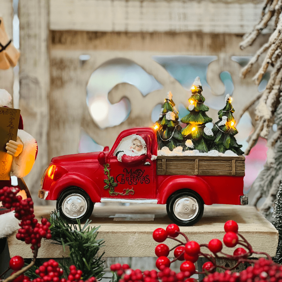 Carro Natalino Vermelho Com Led de Resina 18x26x12cm