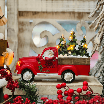 Carro Natalino Vermelho Com Led de Resina 18x26x12cm