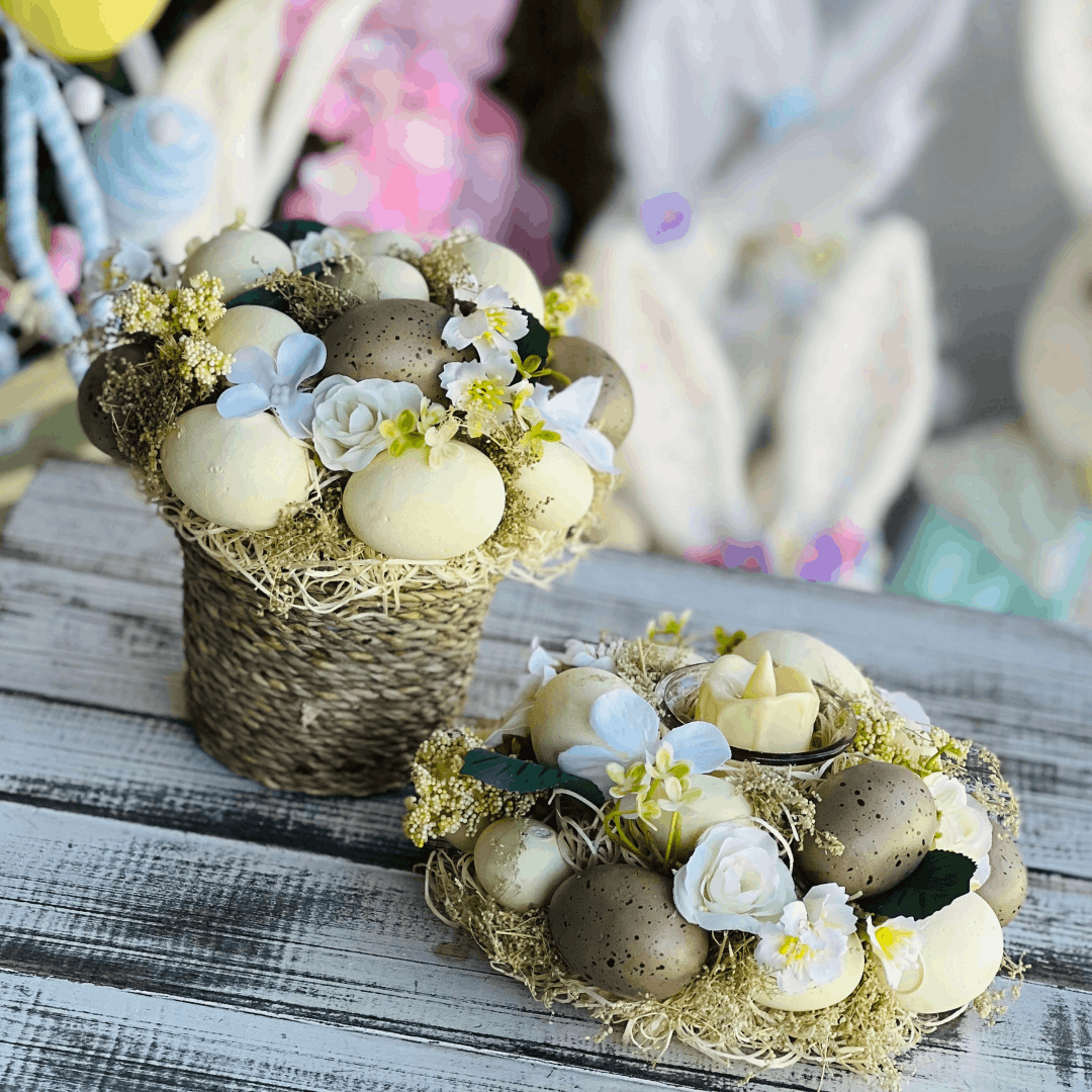 Vaso Decoratico Com Flor e Ovinhos Bege e Amarelo - 20cm