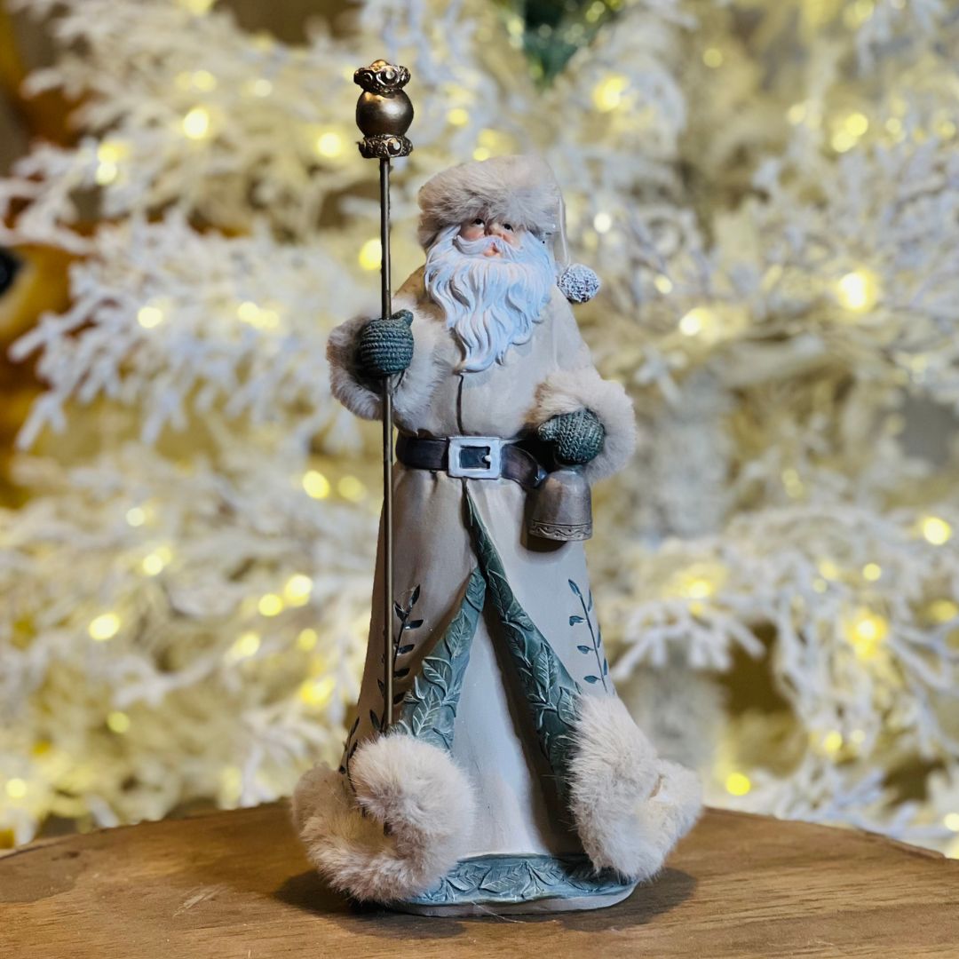 Papai Noel Bege/Verde em Resina - 31,8x13,2cm