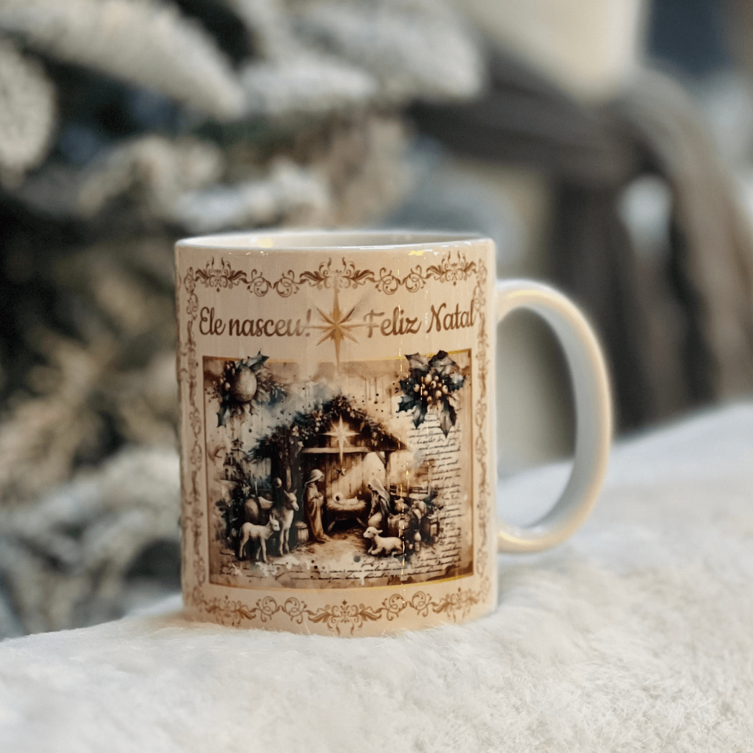 Caneca Natalina Presepio de Porcelana 300ml