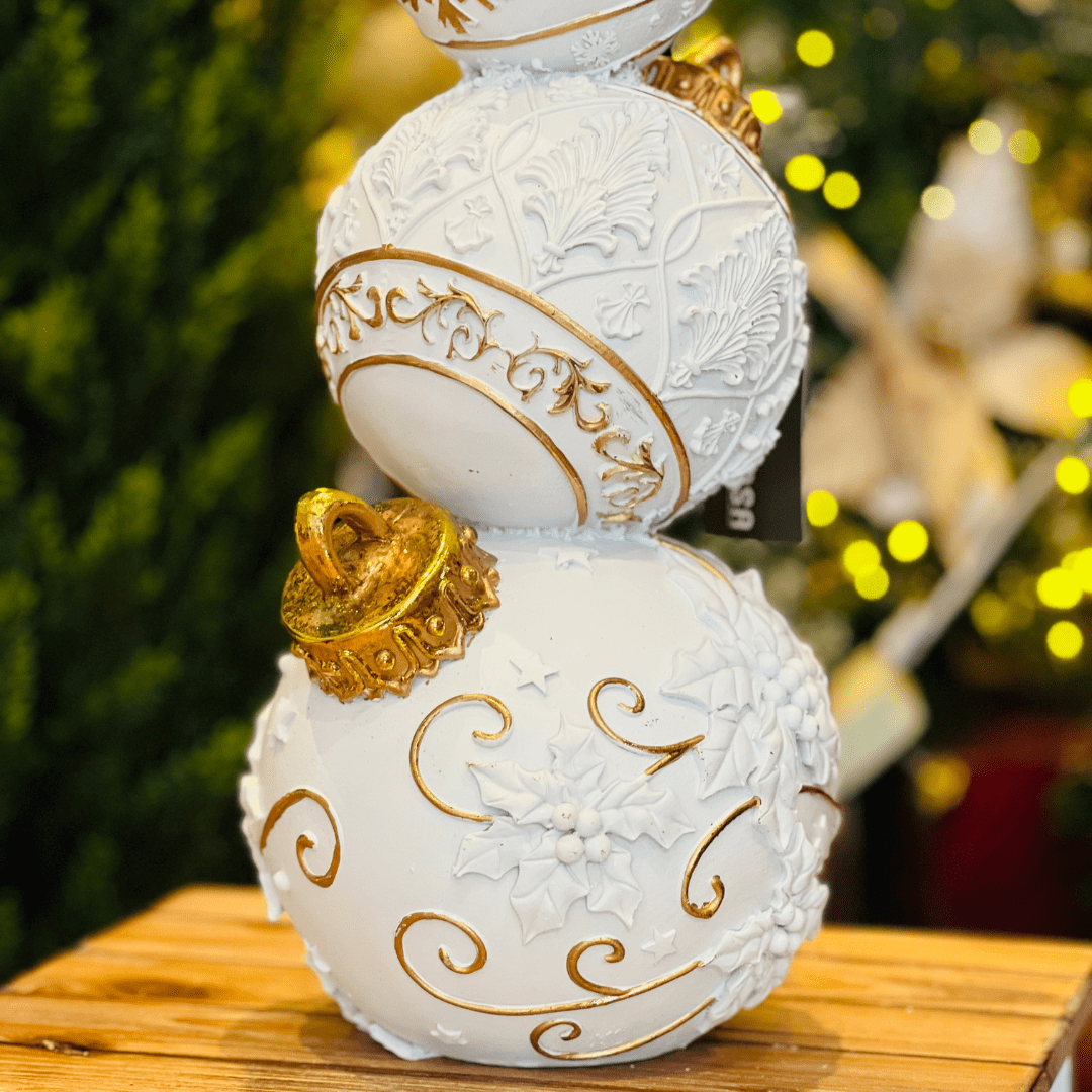 Torre de Bolas Branco e Dourado de Resina 40cm