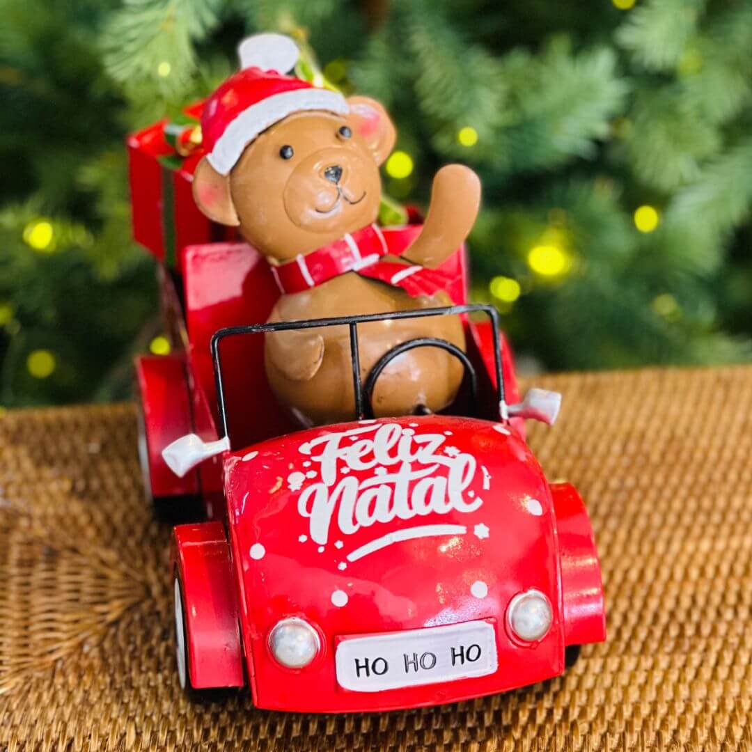 Enfeite Natalino Carro com Urso e LED – 36,5cm