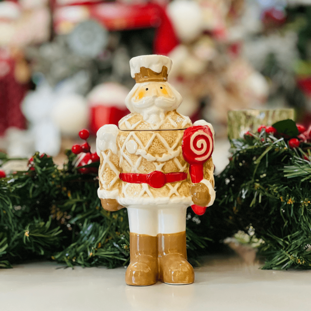 Pote Natalino Em Formato de Quebra Nozes Gingerbread de Cerâmica 22cm