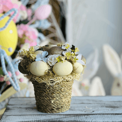 Vaso Decoratico Com Flor e Ovinhos Bege e Amarelo - 20cm