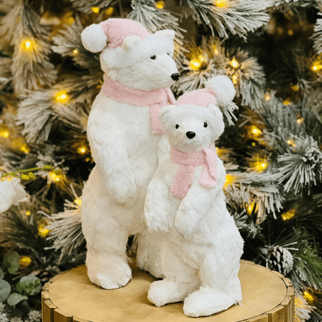 Urso de Natal Branco e Rosa Em Pé de Sisal 48cm