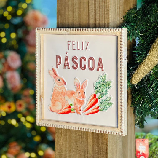Quadro Feliz Páscoa Com Coelhos - 30cm