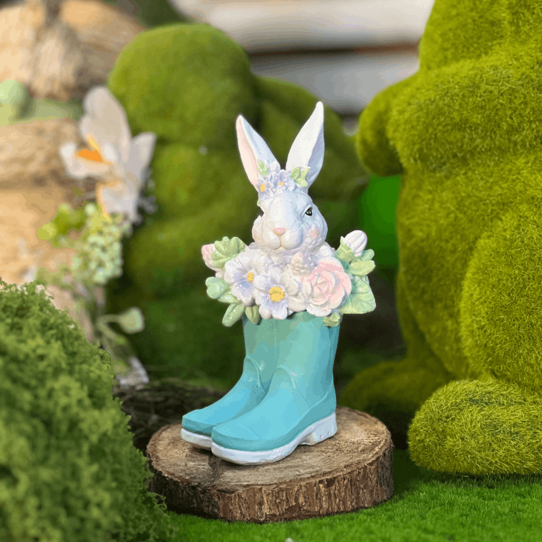 Coelho na Botinha Azul de Resina 15cm