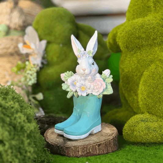 Coelho na Botinha Azul de Resina 15cm