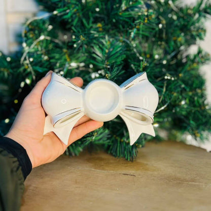 Porta Velas  Natal Decorativo Laço Branco - 5x18x11,6cm