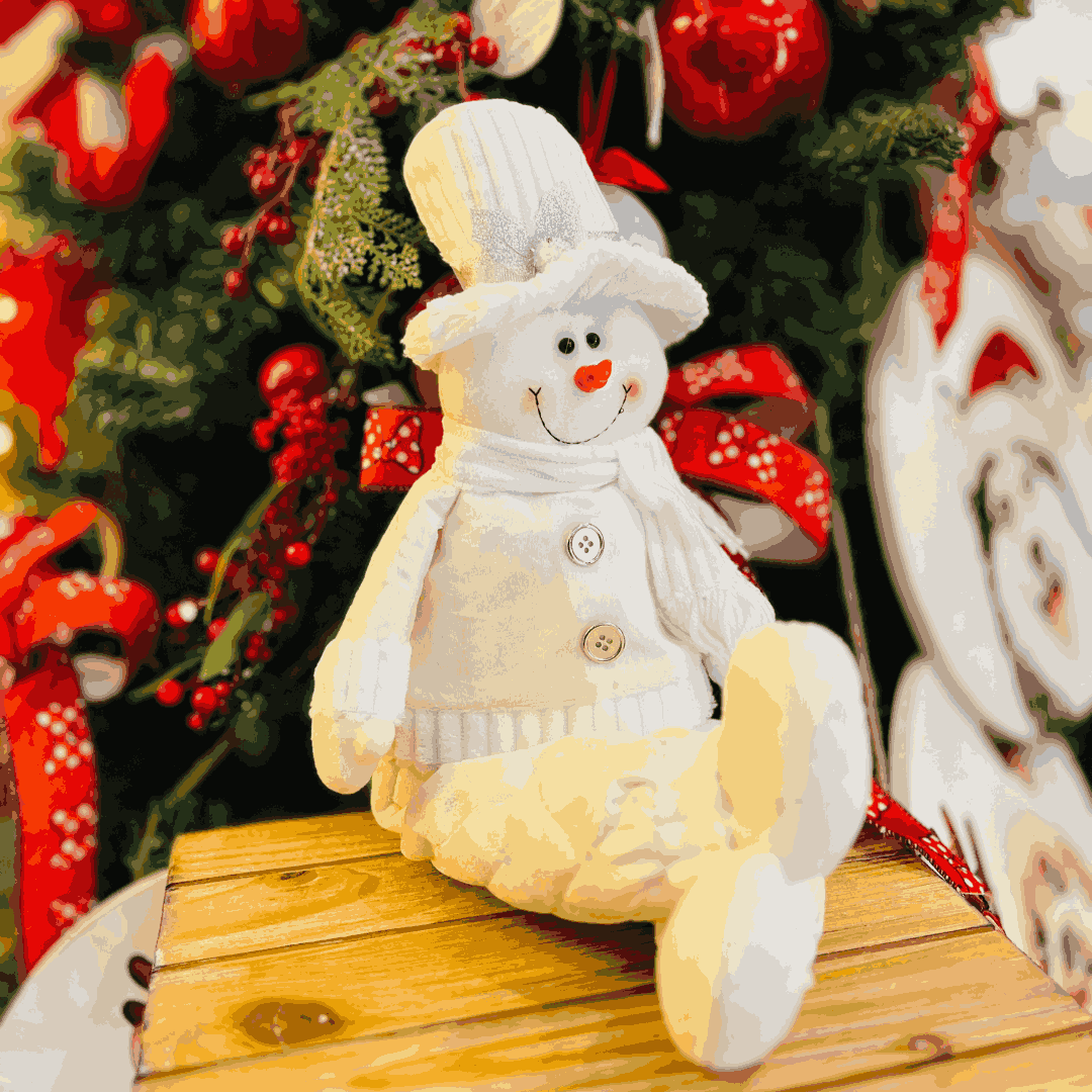 Boneco de Neve Sentado Branco e Prata de Pelúcia 60x23cm