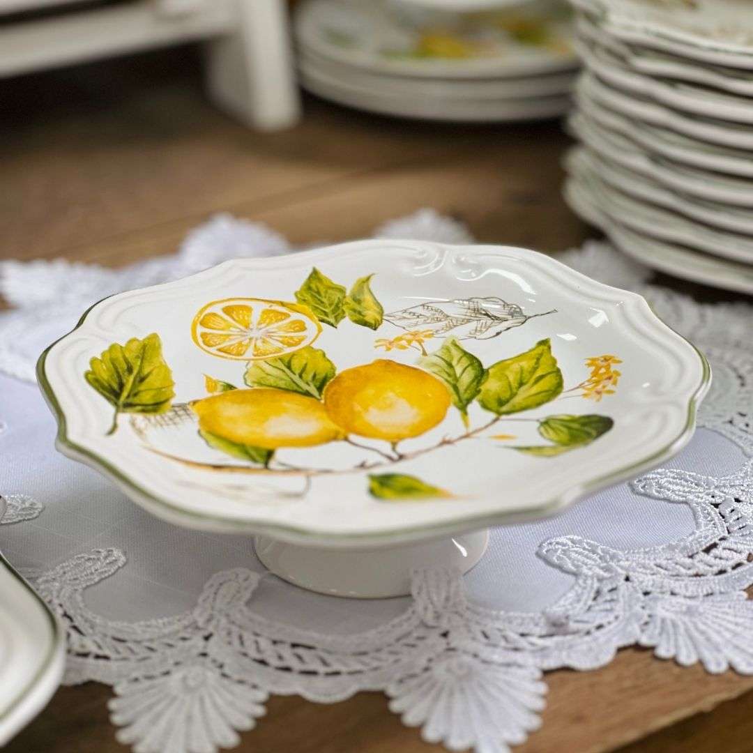 Prato Para Bolo Com Pé Toscana Branco Limão Siciliano - 22cm