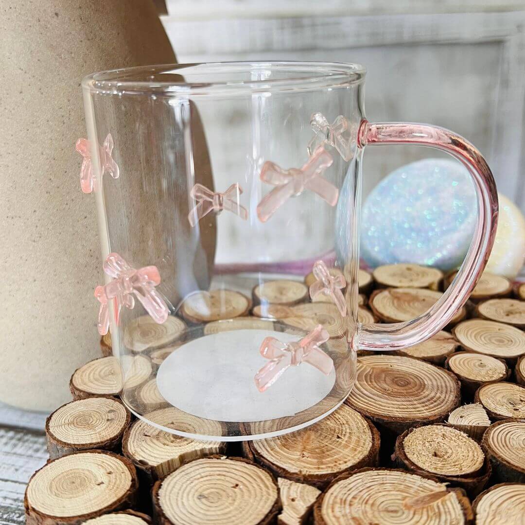 Caneca Vidro Laços Rosa - 410ml