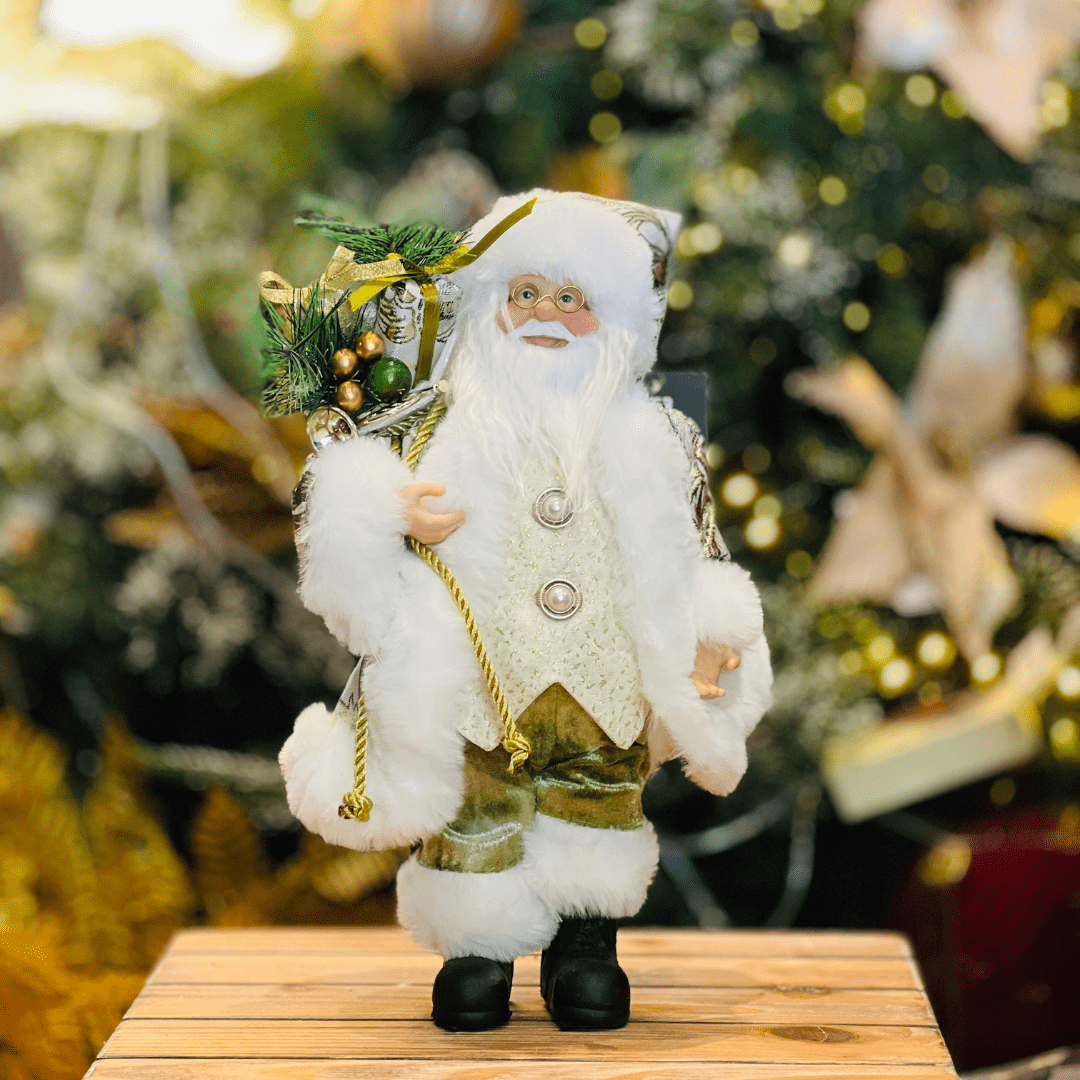 Papai Noel Em Pé Com Presentes Verde e Dourado 30cm