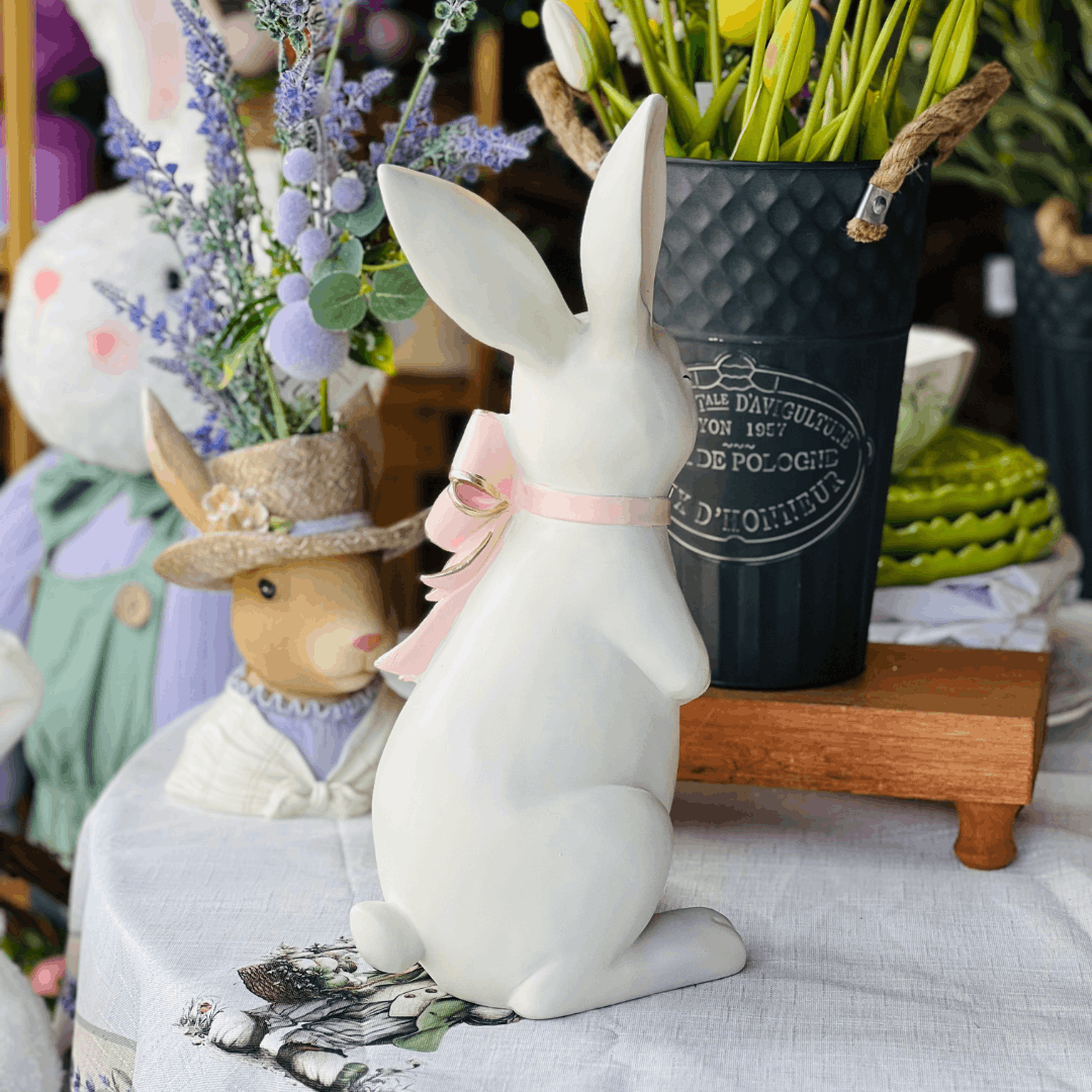 Coelho Com Laço Cute Family Branco e Rosa 38x14x18cm
