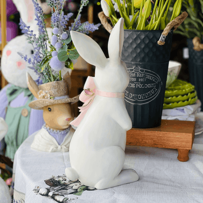 Coelho Com Laço Cute Family Branco e Rosa 38x14x18cm