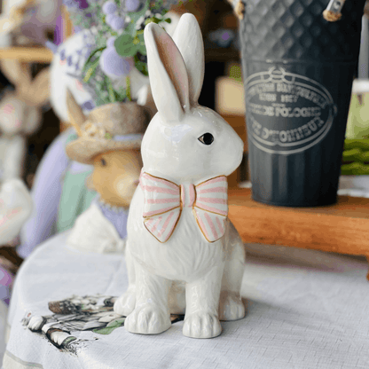 Coelho Com Lacinho Branco e Rosa de Cerâmica 19x13x29cm