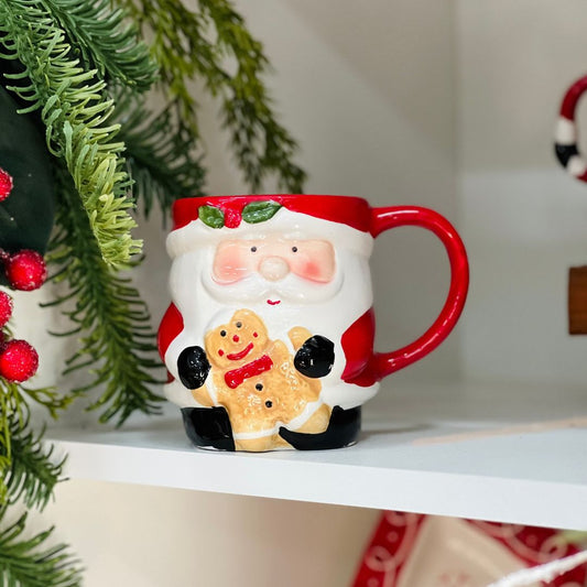Caneca Papai Noel com Ginger de Cerâmica - 12,5x8,5x10cm
