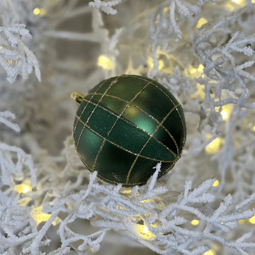Bola de Natal Listras com Fios e Glitter Verde e Ouro – 10cm | 4 Peças
